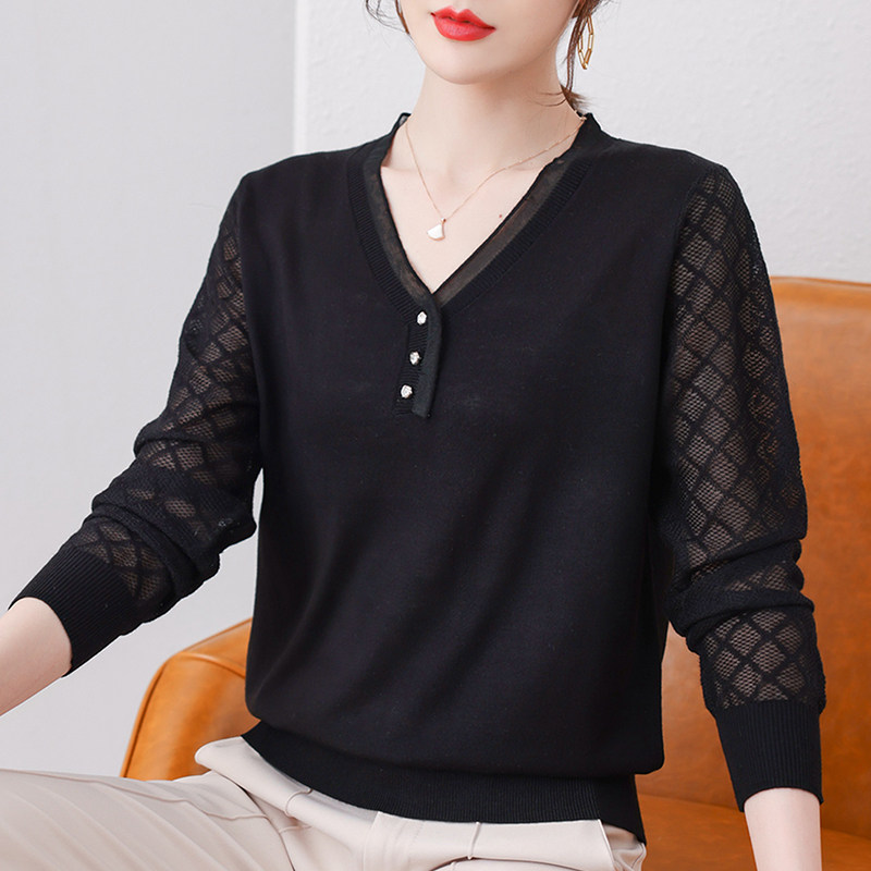 女v领蕾丝边钩花2021新款针织衫 姿必美毛针织衫