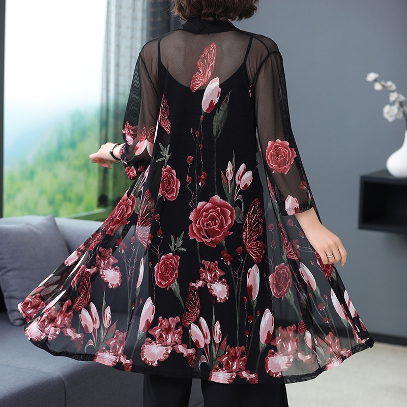 夏季复古印花网纱外搭中长款空调衫 姿必美蕾丝衫/雪纺衫