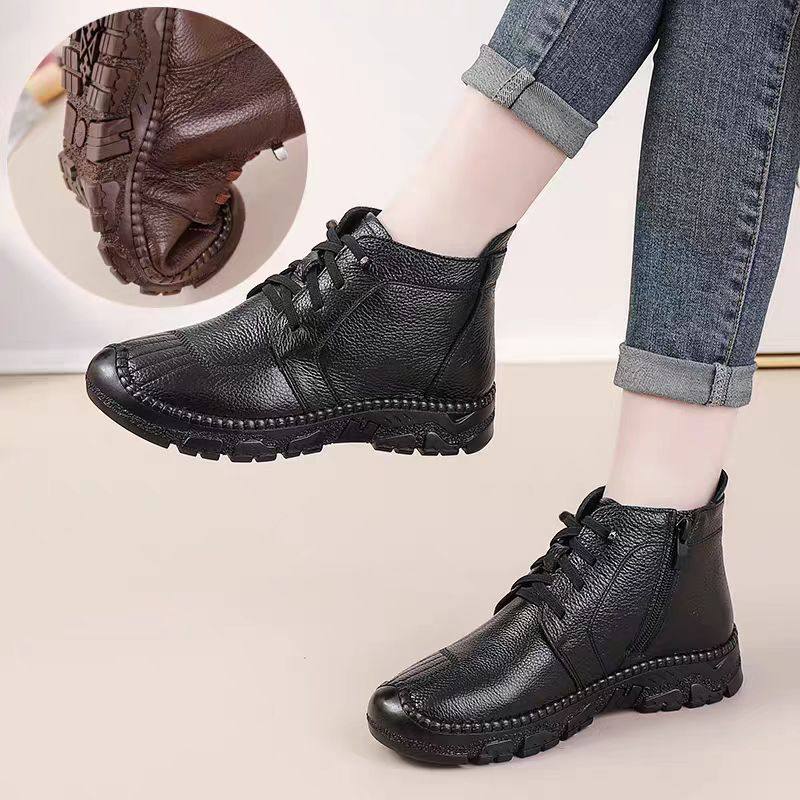 冬季保暖加绒平底女鞋妈妈鞋防滑棉鞋真皮软皮软底短靴子中年女士,淘宝优惠券,粉丝福利购,淘宝优惠卷