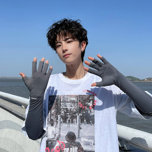 防晒手套男款夏季冰丝开车骑行防紫外线露指冰袖男士长款护臂袖套 - 图3