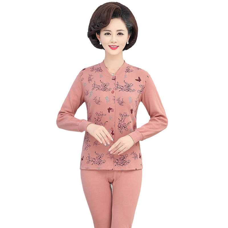 中老年人全棉开襟保暖开衫棉毛衫裤 桃莎芯保暖套装