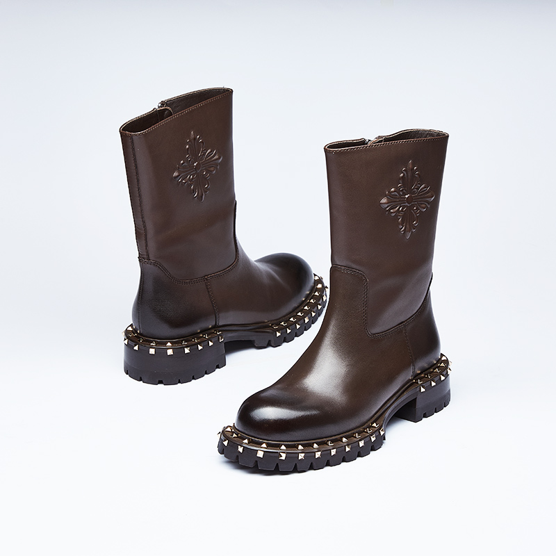 龙足潮酷铆钉厚底烟筒靴2023秋冬朋克机车风侧拉链短靴中性时装靴 - 图1