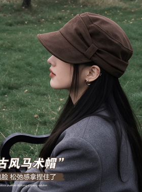 韩版复古麂皮绒报童帽女显脸小