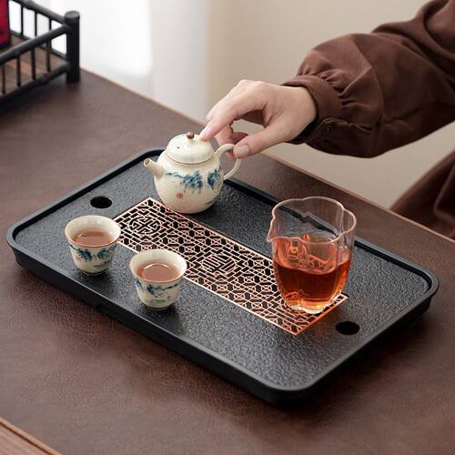 新中式茶盘金石家用简约功夫茶具托盘两用小型储水式排水沥水茶台 - 图0