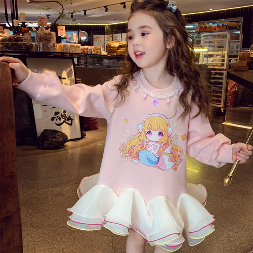 女童连衣裙秋装2025新款洋气儿童长袖拼接网纱卫衣裙小女孩公主裙 - 图0