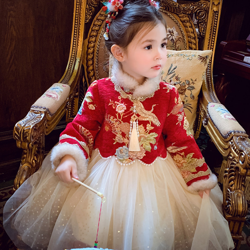 女童中国风加绒连衣裙女孩汉服拜年服冬装2025新款儿童网纱公主裙,淘宝优惠券,粉丝福利购,淘宝优惠卷
