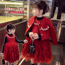 Girl Little Scents Wind Suit Dress Winter Dress 2023 New Ocean Gas Children Web Yarn Princess Dresses Girl Red Cake Dresses