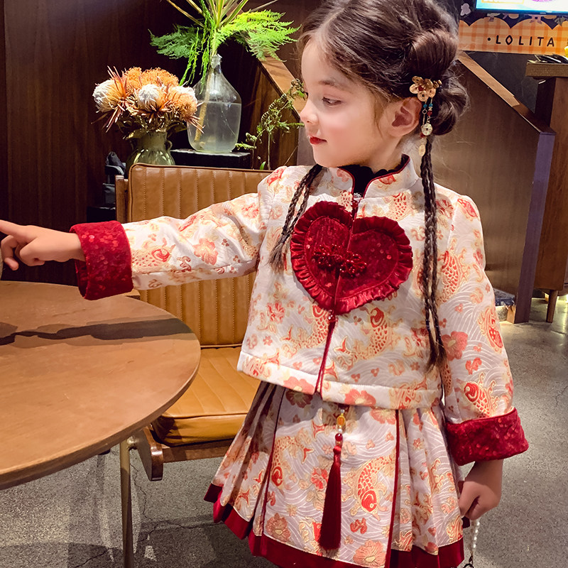 女童拜年服冬装2025新款洋气儿童唐装夹棉外套半身裙女孩新年战袍,淘宝优惠券,粉丝福利购,淘宝优惠卷