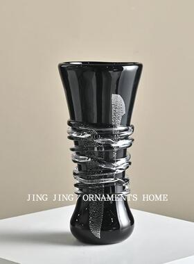 创意复古黑色水波纹玻璃花瓶 样板间客厅摆件插花瓶 餐桌艺术花瓶