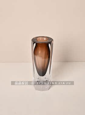 水晶直筒渐变琥珀色仿真绿植插花器室内装饰花瓶客厅茶几摆件花器