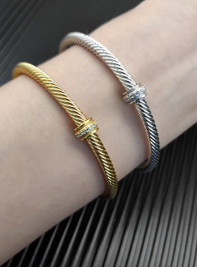 David Yurman大卫雅曼中间满钻钢丝绳开口手镯麻花DY中间钻环4MM