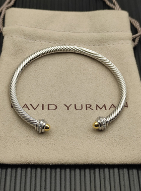David Yurman大卫雅曼间金镶钻钢丝绳开口手镯DY银金拼色开口4MM