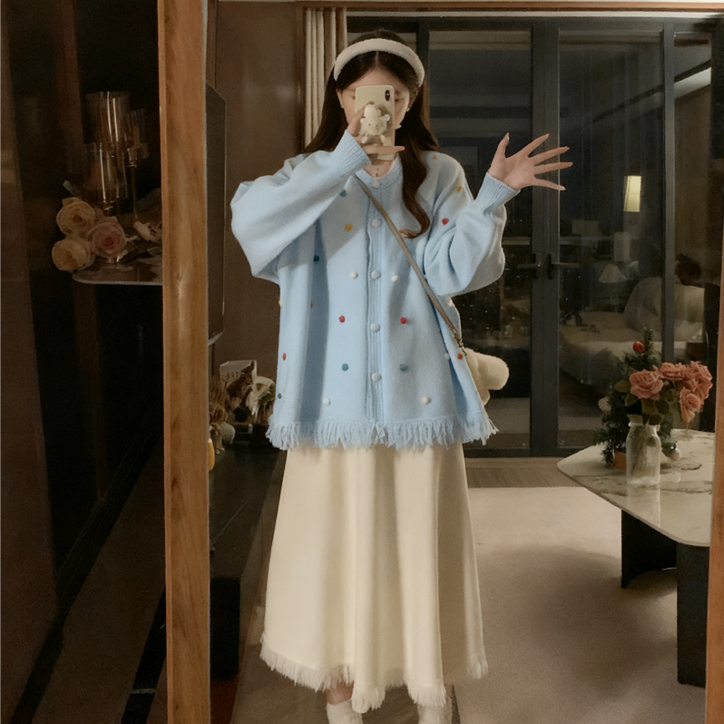 实拍大码秋冬气质宽松流苏毛衣外套+显瘦高腰针织半身裙两件套装,淘宝优惠券,粉丝福利购,淘宝优惠卷