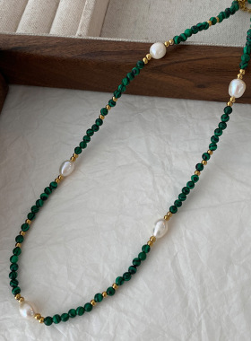 孔雀石珍珠项链女绿色复古气质叠戴高级感锁骨链配饰轻奢优雅颈链