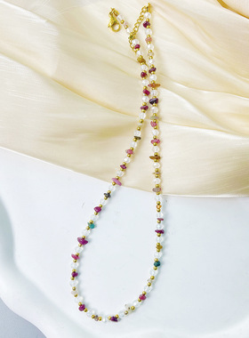 春夏新款潮天然碧玺小碎石合成水晶串珠项链精致百搭锁骨链颈链