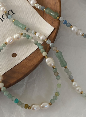 中式国风绿色天然石项链文艺气质手作颈链淡水珍珠高级感锁骨链女