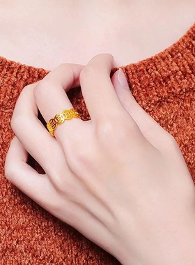 钛钢18K金色复古招财铜钱食指戒指女 时尚个性韩版网红指环配饰品