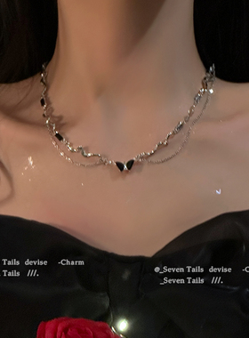 暗黑辣妹双层黑色蝴蝶项链女锁骨链高级设计感轻奢小众配饰毛衣链