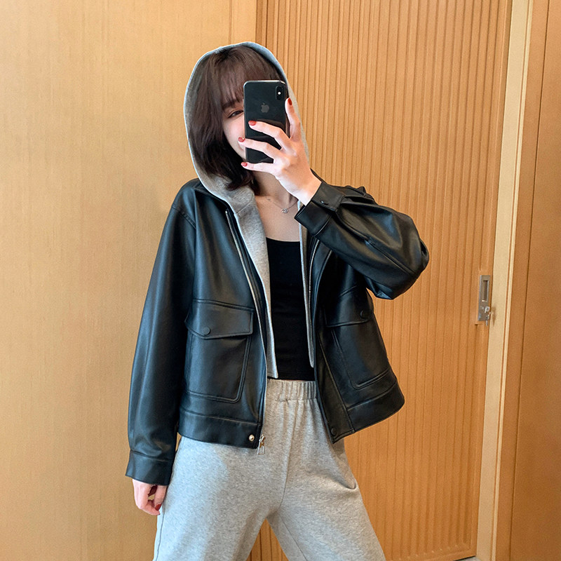 黑色皮衣外套女2025新款酷飒风连帽宽松休闲短款机车外套PU皮夹克,淘宝优惠券,粉丝福利购,淘宝优惠卷
