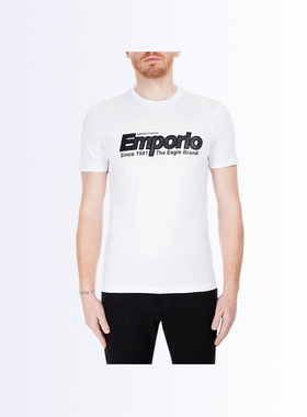 【自营】EMPORIO ARMANI男款棉质白色徽标装饰圆领短袖上衣T恤