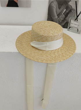 草帽海边法式女夏季平檐绑带