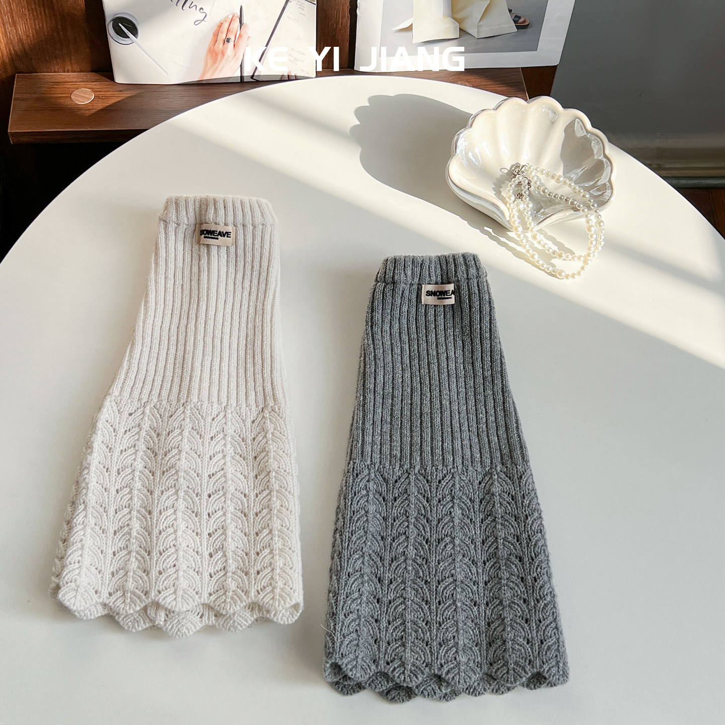 灰色针织镂空堆堆袜女秋冬保暖荷叶边针织百搭长筒袜套靴袜叠穿,淘宝优惠券,粉丝福利购,淘宝优惠卷