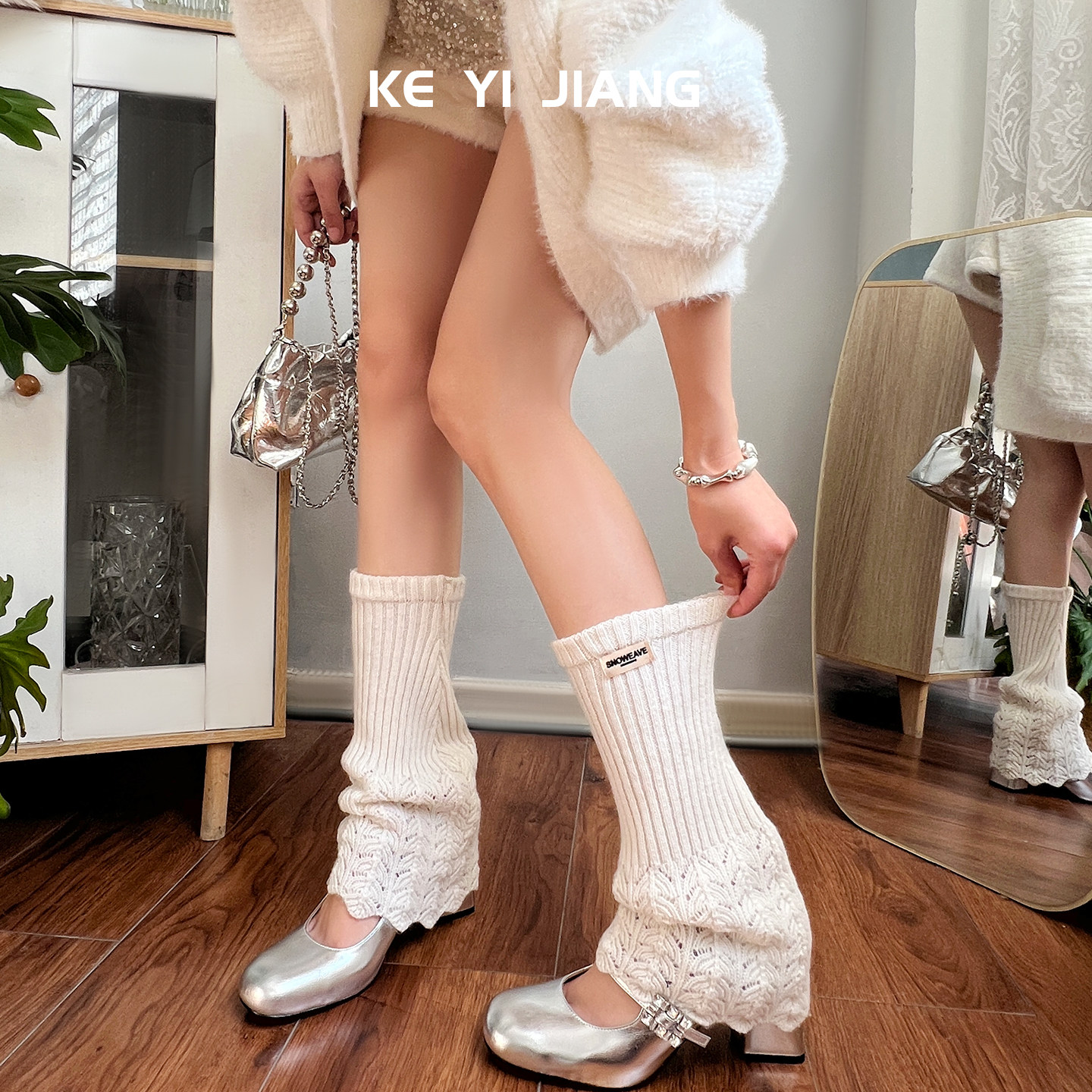 灰色针织镂空堆堆袜女秋冬保暖荷叶边针织百搭长筒袜套靴袜叠穿,淘宝优惠券,粉丝福利购,淘宝优惠卷