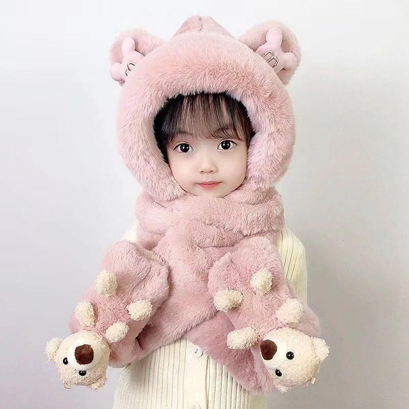 儿童帽子围巾手套三件套冬季加绒加厚女童一体帽男大童保暖防风帽