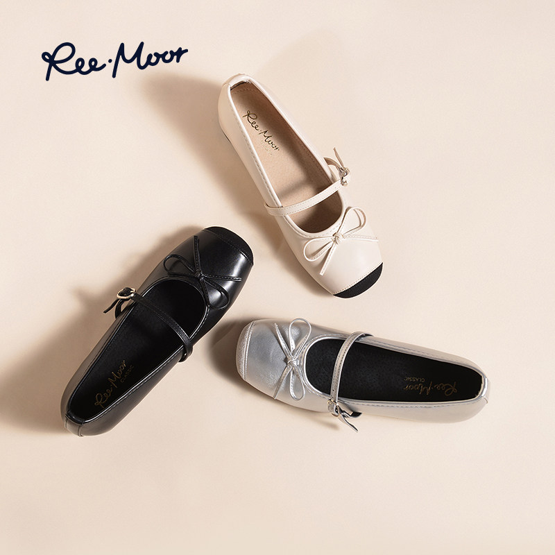 reemoor银色单鞋2026年春夏新款蝴蝶结小皮鞋玛丽珍女鞋平底睿慕,淘宝优惠券,粉丝福利购,淘宝优惠卷