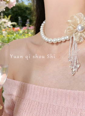 日韩花朵珍珠颈链轻奢锁骨链气质甜美项链女宴会生日礼物高颜值