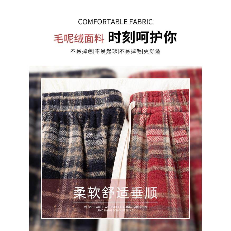 蓝色毛呢格子裤女秋冬季2025新款宽松慵懒休闲直筒显瘦加绒阔腿裤,淘宝优惠券,粉丝福利购,淘宝优惠卷