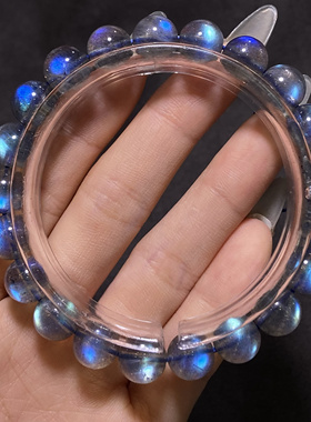 高品质天然透体灰月光手串 强蓝光彩光老矿果冻料拉长石L35