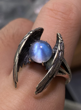 月光石戒指守护龙天使 高品质无孔圆珠复古S925银C04