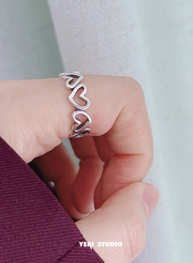 爱心镂空开口戒指纯银女甜酷