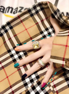 男女合金百搭黄紫色方形宝石戒指