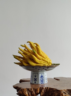 中式复古青花瓷放佛手柑的托盘高脚专用桌面摆件玄关装饰果盘盘子