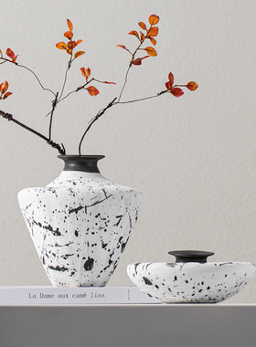 侘寂风复古陶瓷花瓶白色仿古水墨艺术花器插花新中式高级感装饰品