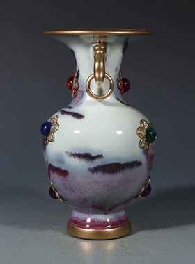 海外回流宋钧窑窑变描金镶宝石象耳瓶古董古玩收藏品包老老货瓷器