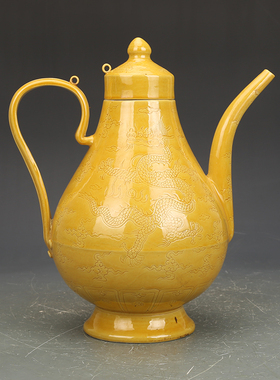 大明弘治焦黄釉刻龙纹壶仿古瓷器古董古玩老物件包老保真收藏品