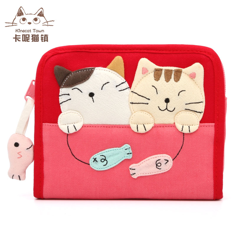特价KINECAT 可爱戏鱼猫棉布手工拼布卡通女士短款钱包 日本财布 - 图0