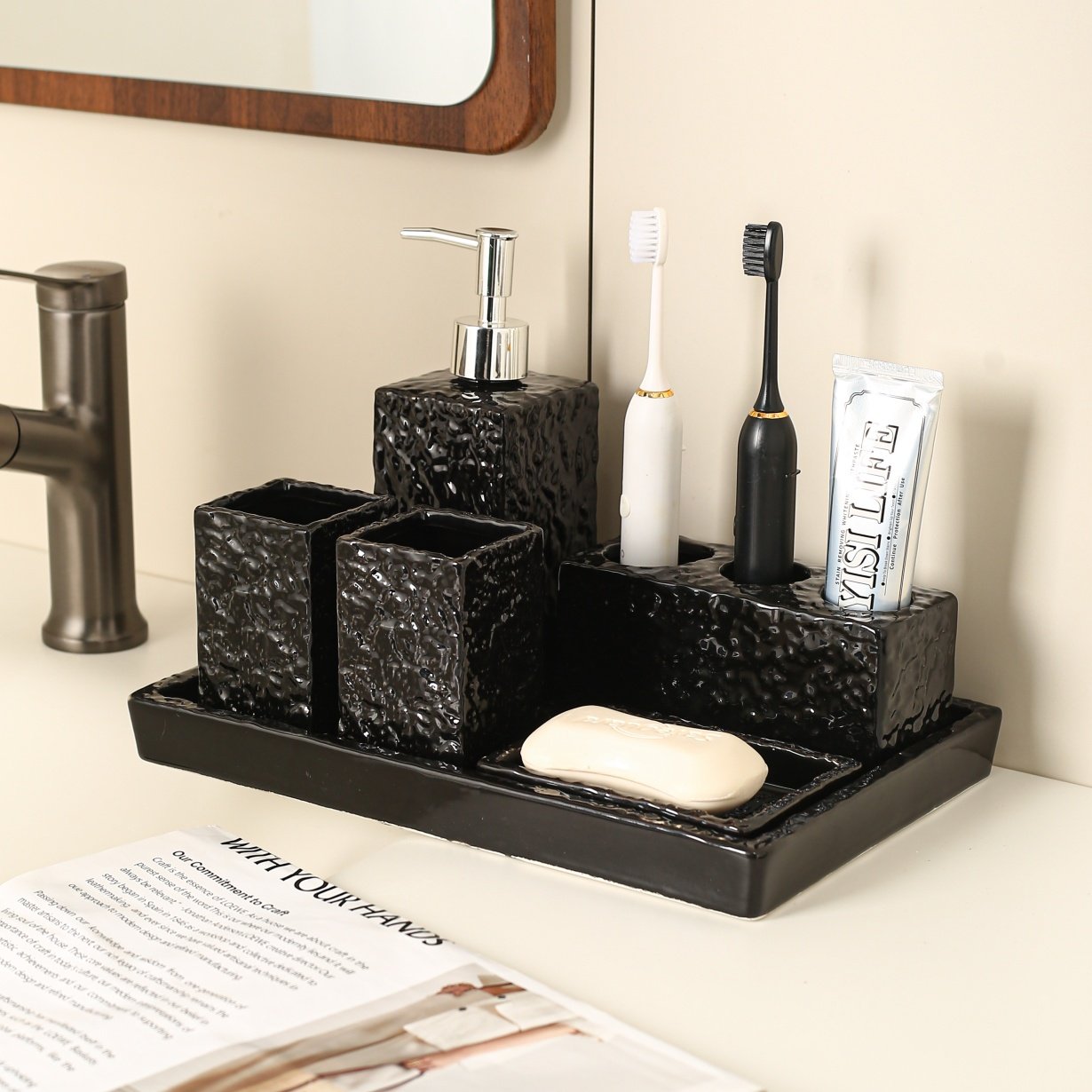 2025新款家用陶瓷托盘收纳牙刷架套装卫生间洗漱台高端牙刷置物架,淘宝优惠券,粉丝福利购,淘宝优惠卷