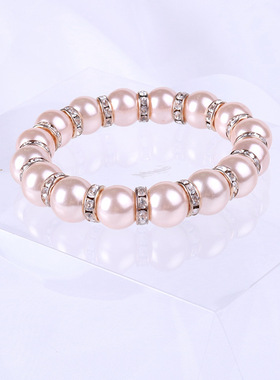 韩版时尚仿珍珠粉色手镯镶水晶玻