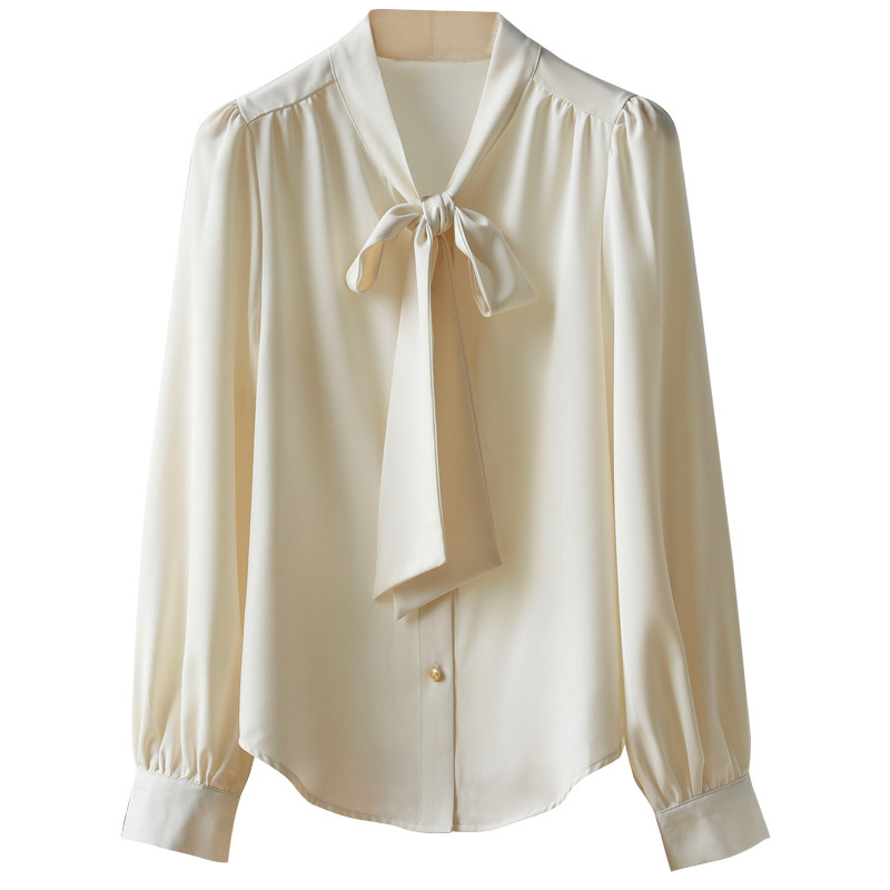 my杏色缎面长袖秋季蝴蝶结v领衬衫 缪语女装衬衫
