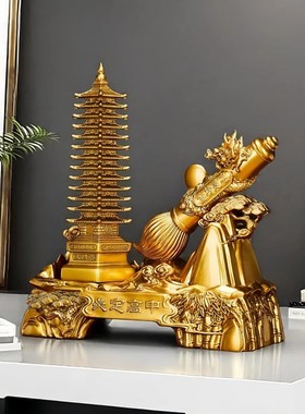 2026十三层文昌塔中式大毛笔笔筒木纹摆件桌面送学生老师礼品高档