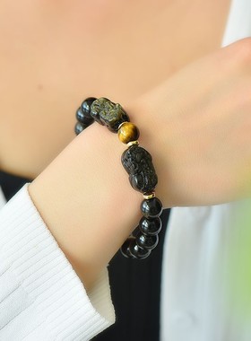 2026天然金曜石双貔貅手链 情侣手串男女款黑色复古风虎眼石单圈