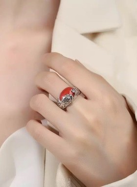 2026复古国风文艺范仿南红戒指百搭民族风祥云花纹戒指女生厂家直