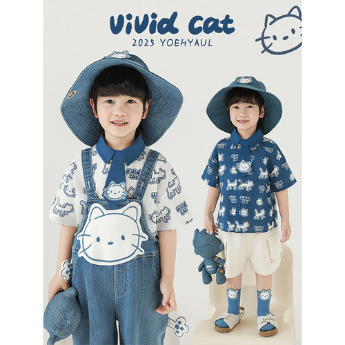 幼悠 男童夏季新款翻领衬衫短袖圆领T恤慵懒凉感短裤蓝白猫咪套装 - 图1
