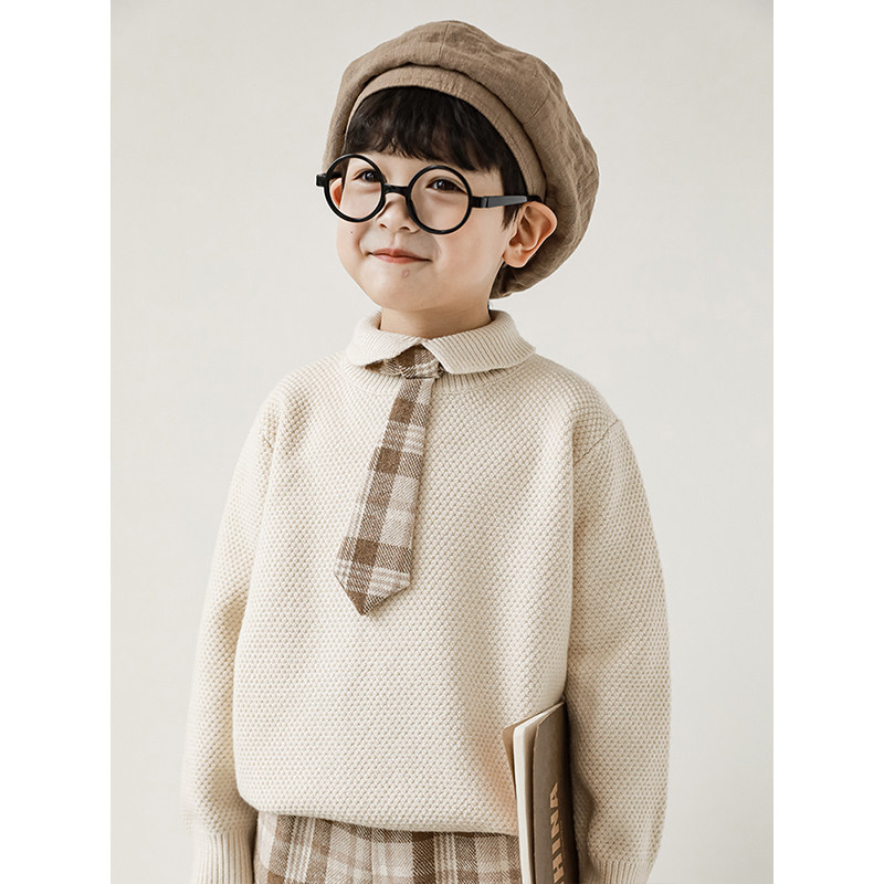 幼悠儿童开叉翻领毛衣纯色打底衫2025冬季新款男童文艺休闲针织衫,淘宝优惠券,粉丝福利购,淘宝优惠卷