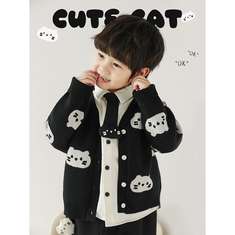 幼悠男童2025新款长袖衬衫保暖毛衣防风束脚长裤猫咪系列套装童装