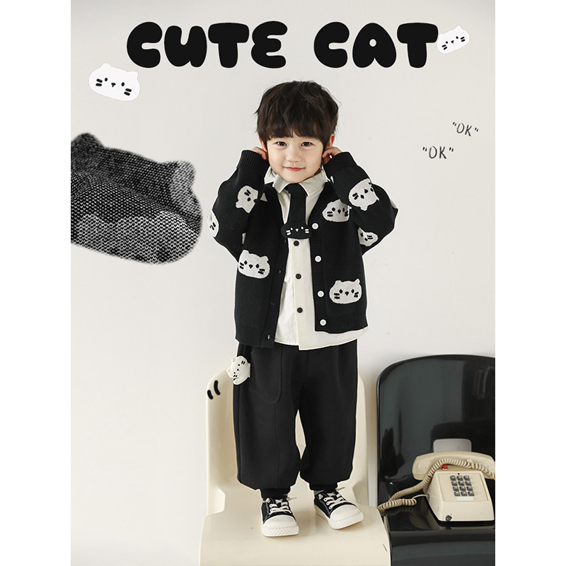 幼悠男童2025新款长袖衬衫保暖毛衣防风束脚长裤猫咪系列套装童装